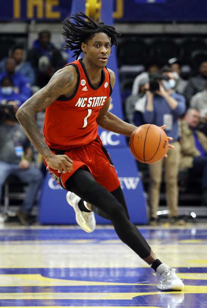 Dereon Seabron dribbles at Pittsburgh on February 12, 2022.